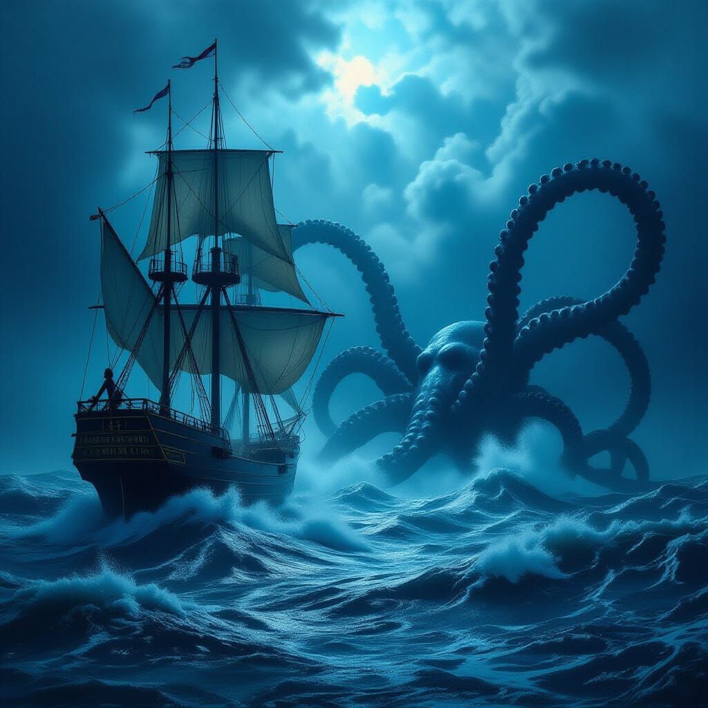 Ship Battles Kraken in Stormy Atlantic