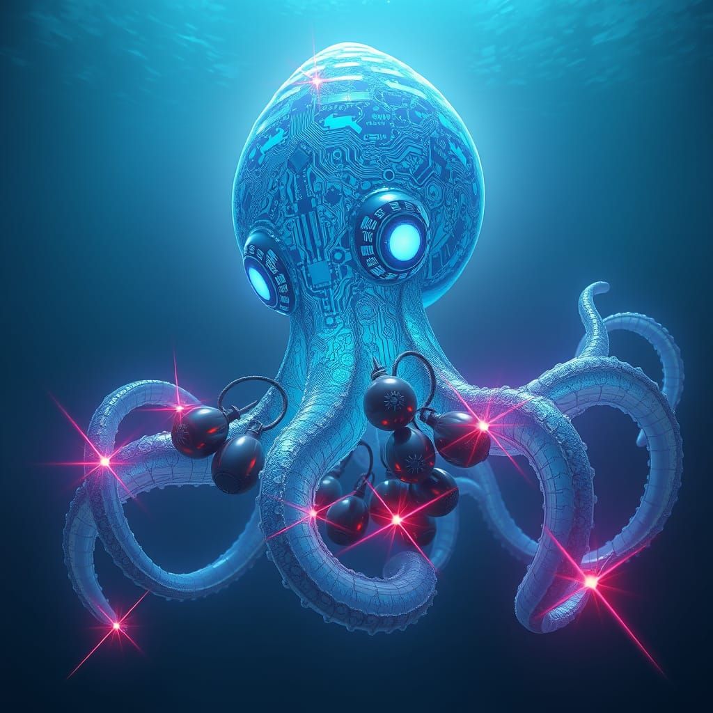 Gigantic Electronic Squid Emerges from the Abyss in Neon Glo...