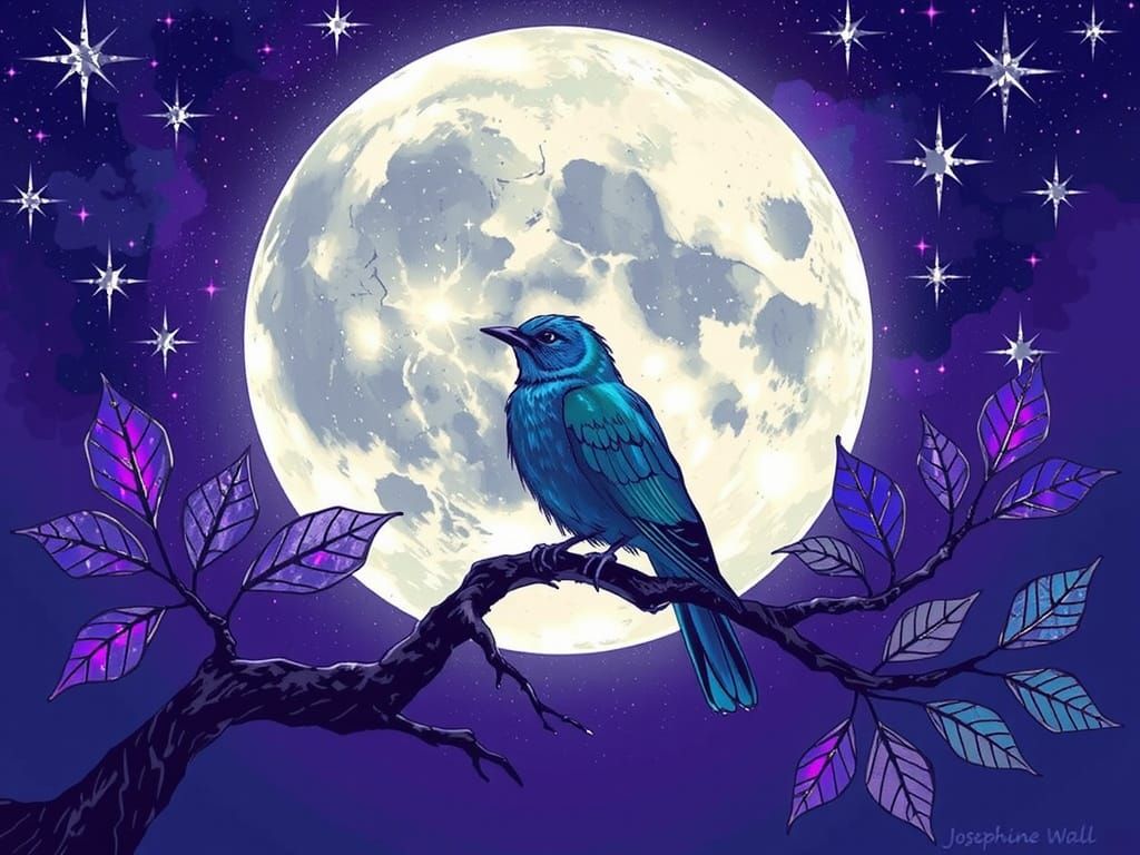 Bioluminescent Bird Under Cosmic Moon in Stained-Glass Style