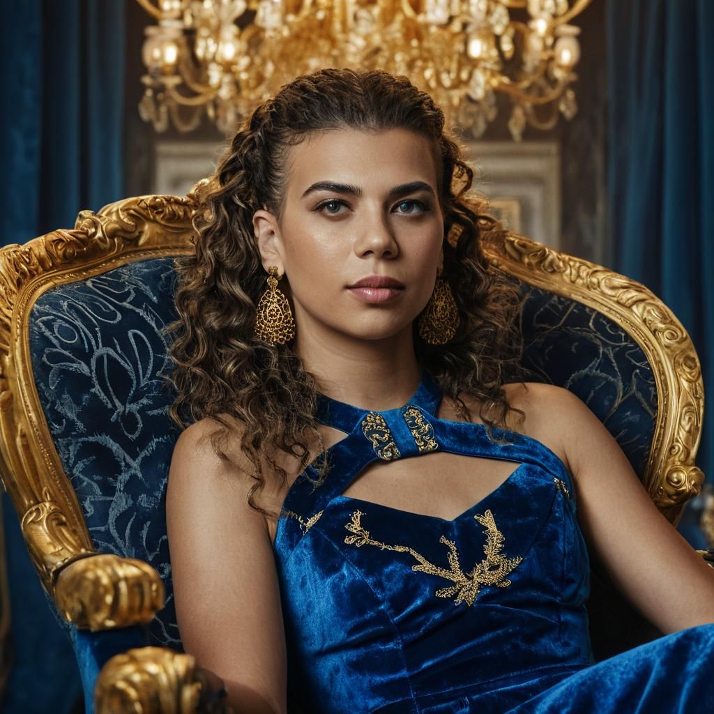 Woman in Blue Velvet Dress in Opulent Setting