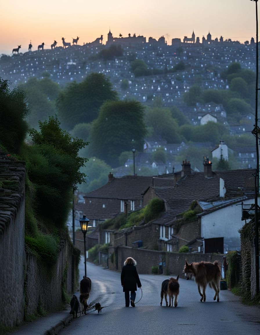 Woman Protects Dog from Donkeys Under Street Lamp
