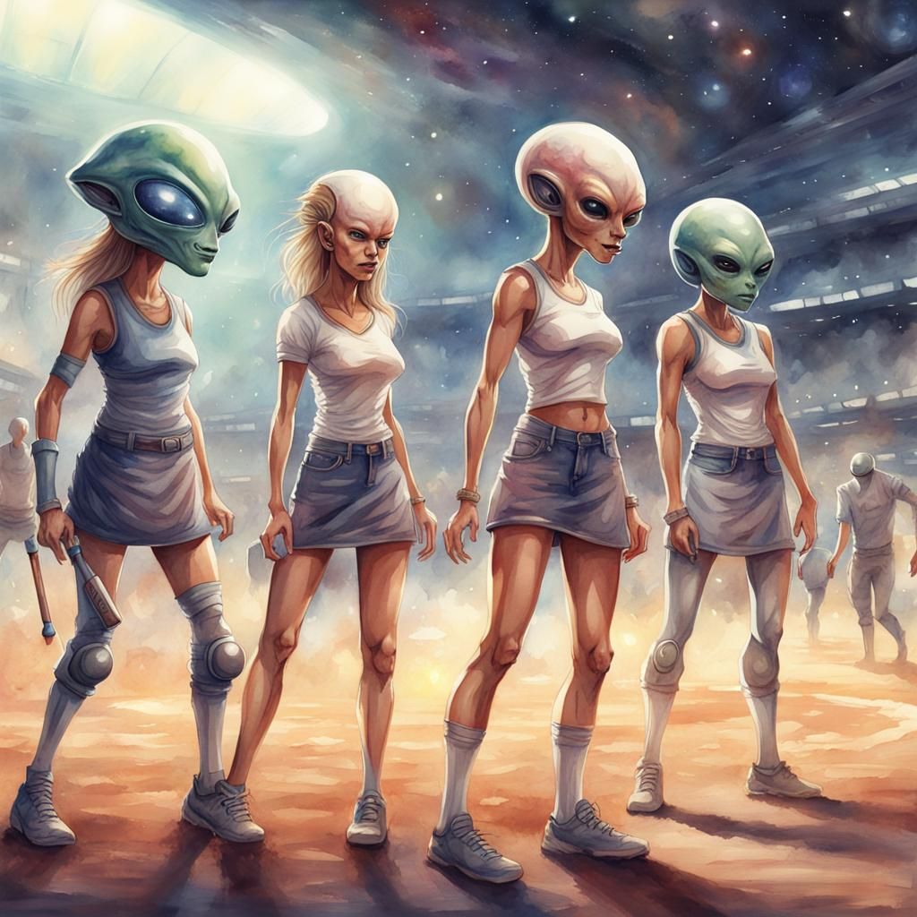 Alien Babes Play Baseball: Watercolor Concept Art