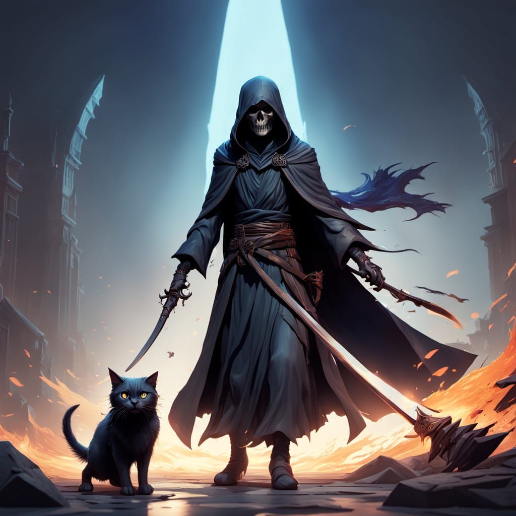 Furious Cat Charges Grim Reaper in Dark Fantasy Portrait