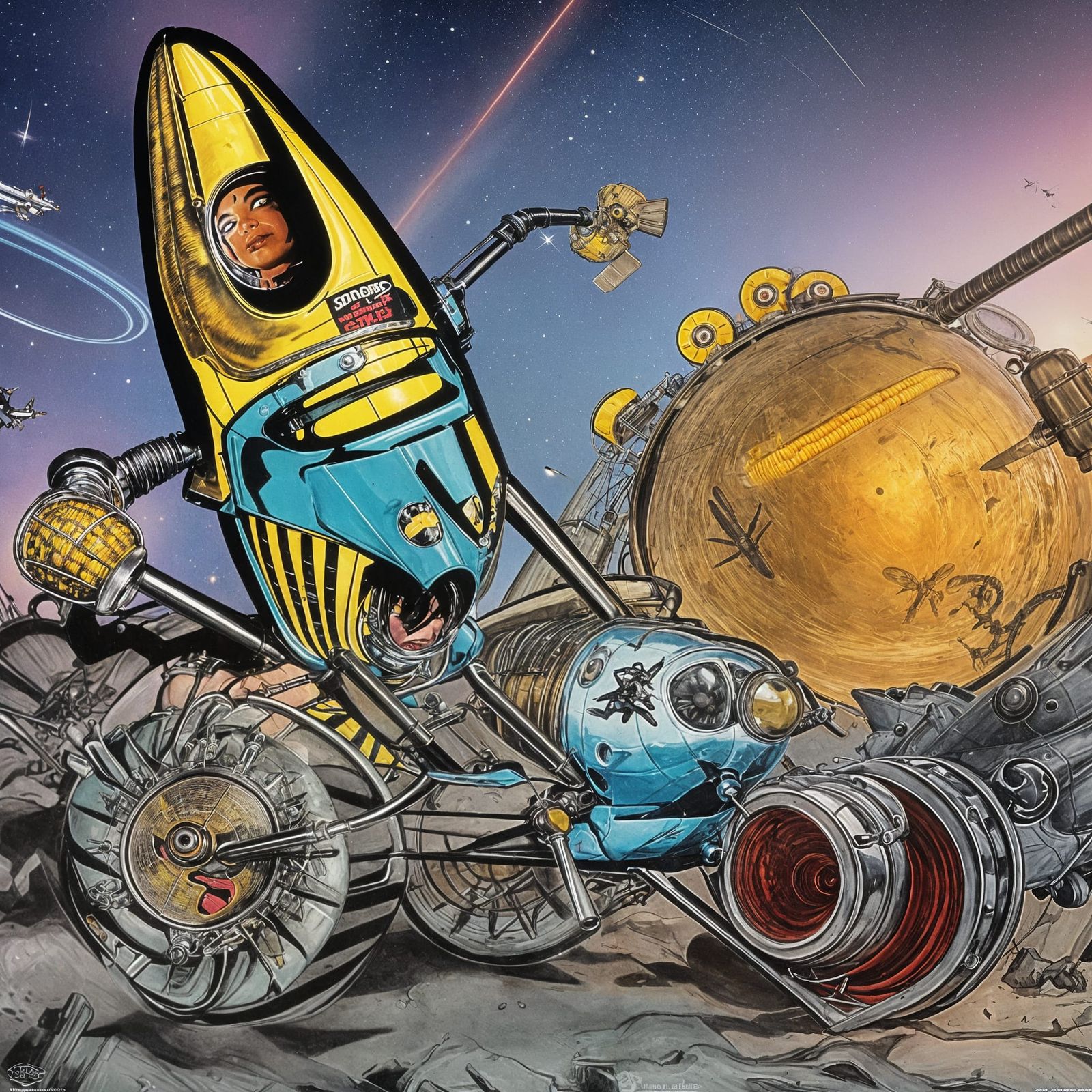 Vibrant Rocketing Tin Can with Comical Ant Rider in Space