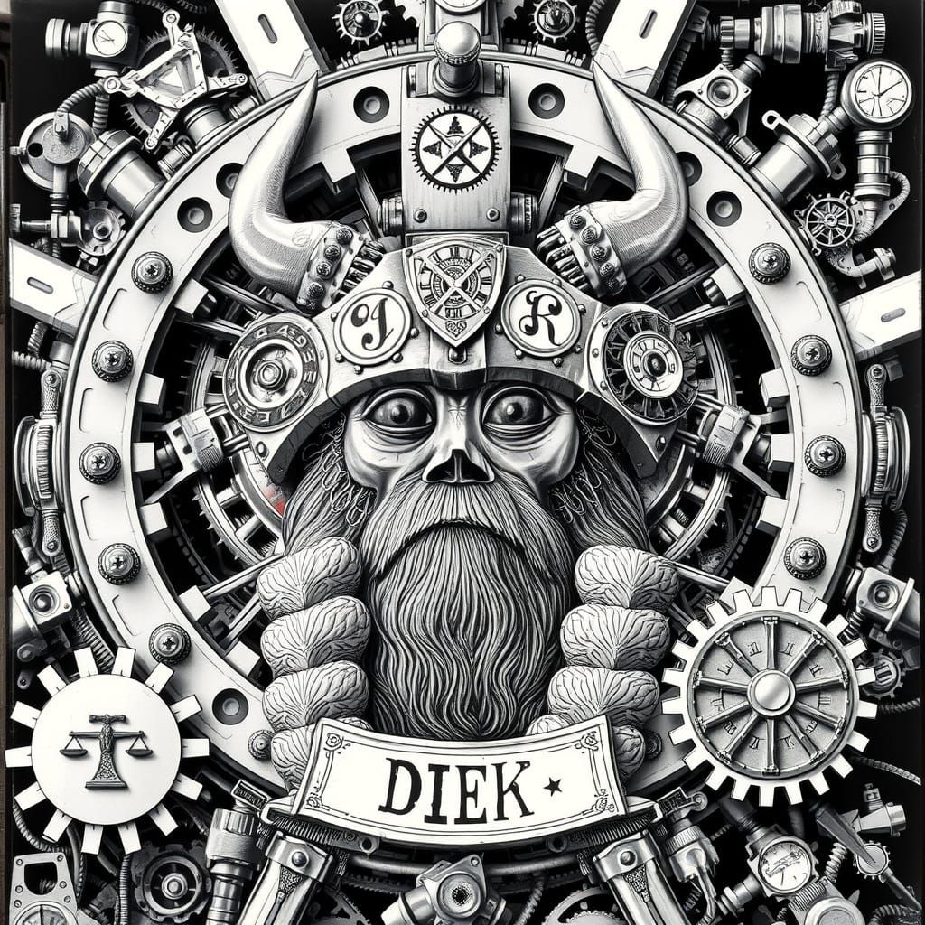Clockwork God with Hammer and Scales in Charcoal Style