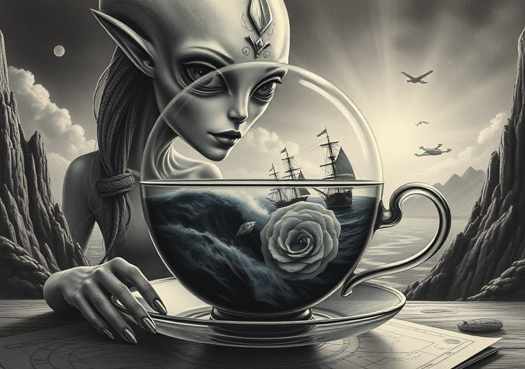 Teacup Ocean Scene with Pirate Ship, Digital Art