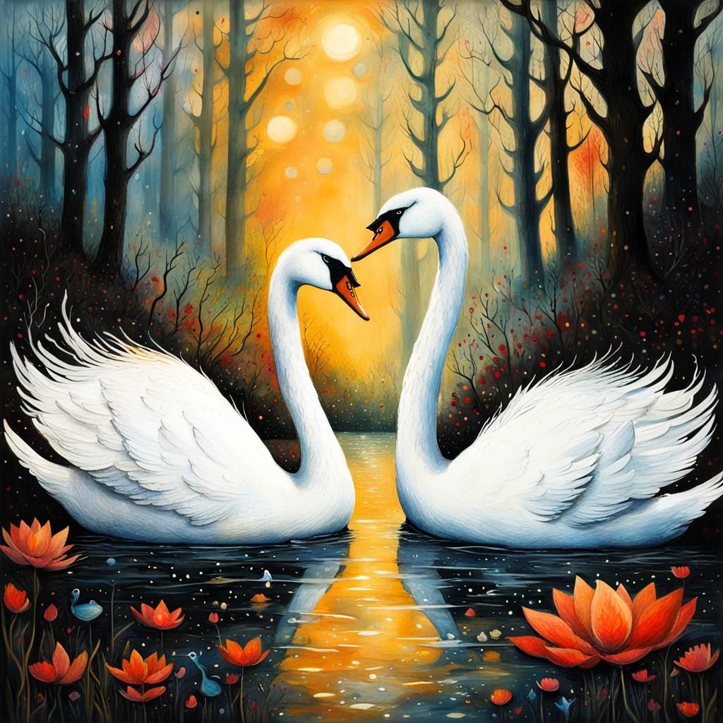 Expressionist Swans in Rain: Ink Painting Goodbye