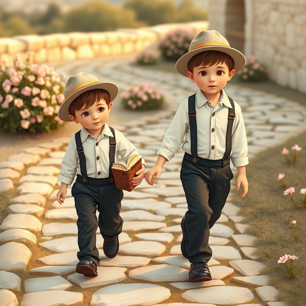 Two Young Boys Stroll Along a Serene Stone Path in Idyllic S...