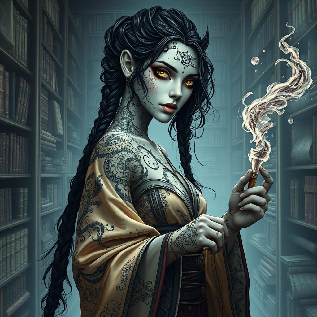 Enchanting Ink Sorceress with Parchment Skin and Whimsical T...