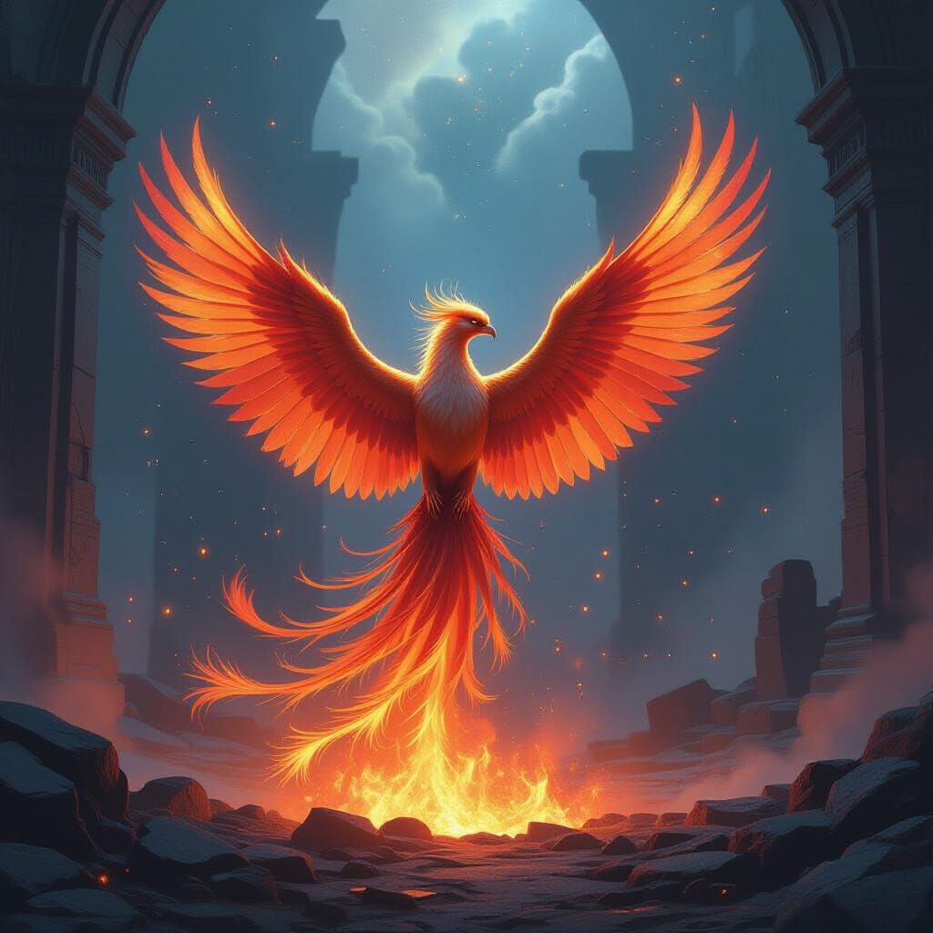 Majestic Phoenix Rises from Embers in Cosmic Ruin