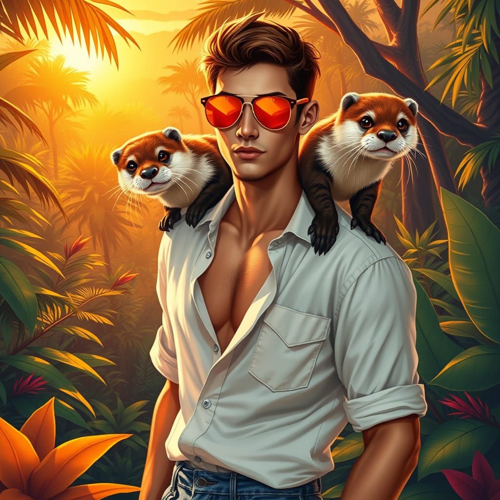 Athletic Young Man with Playful Otter in Tropical Rainforest