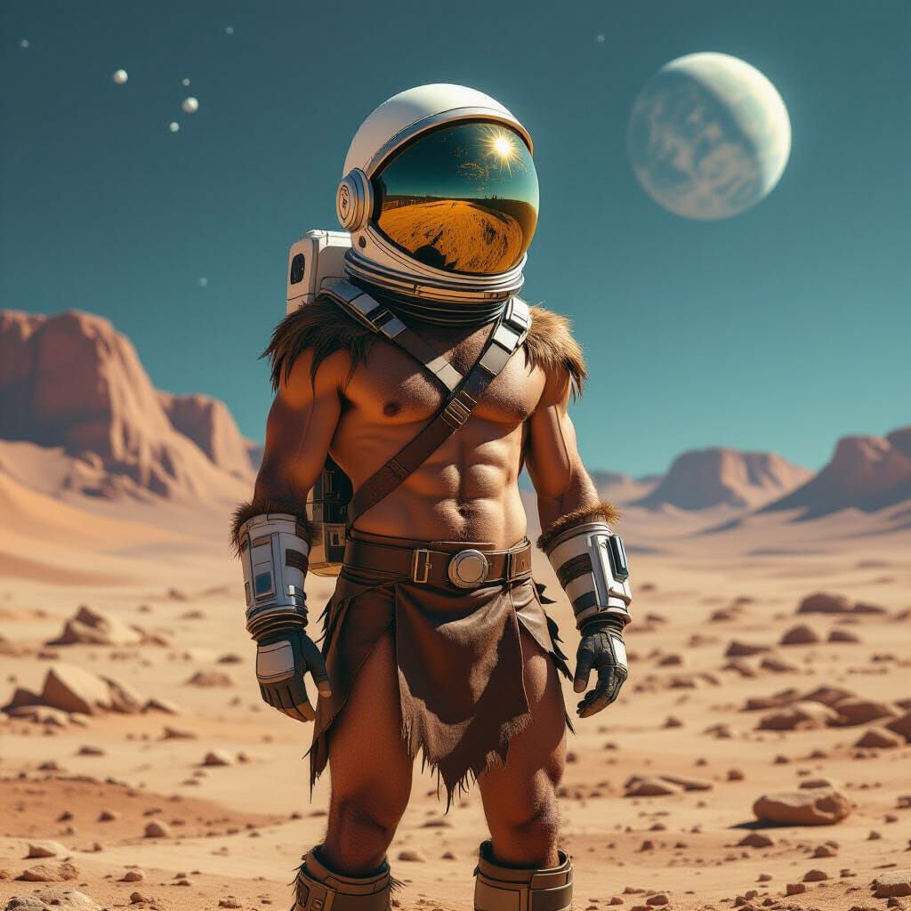 Caveman Astronaut in Futuristic Prehistoric Lunar Landscape