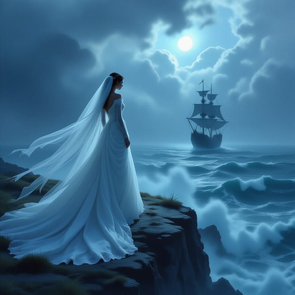 Spectral Bride on Stormy Cliff Overlooking Phantom Ship