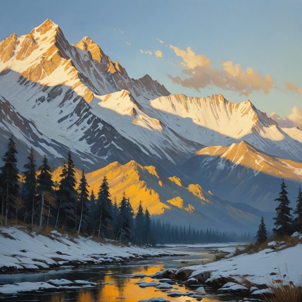 Golden Sunset on Snow-Capped Mountains in Oil Painting Style