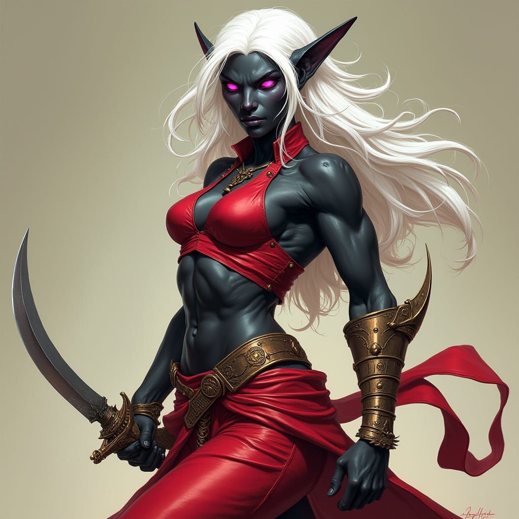 Muscular Drow Elf Rogue with Pink Eyes and Red Leather