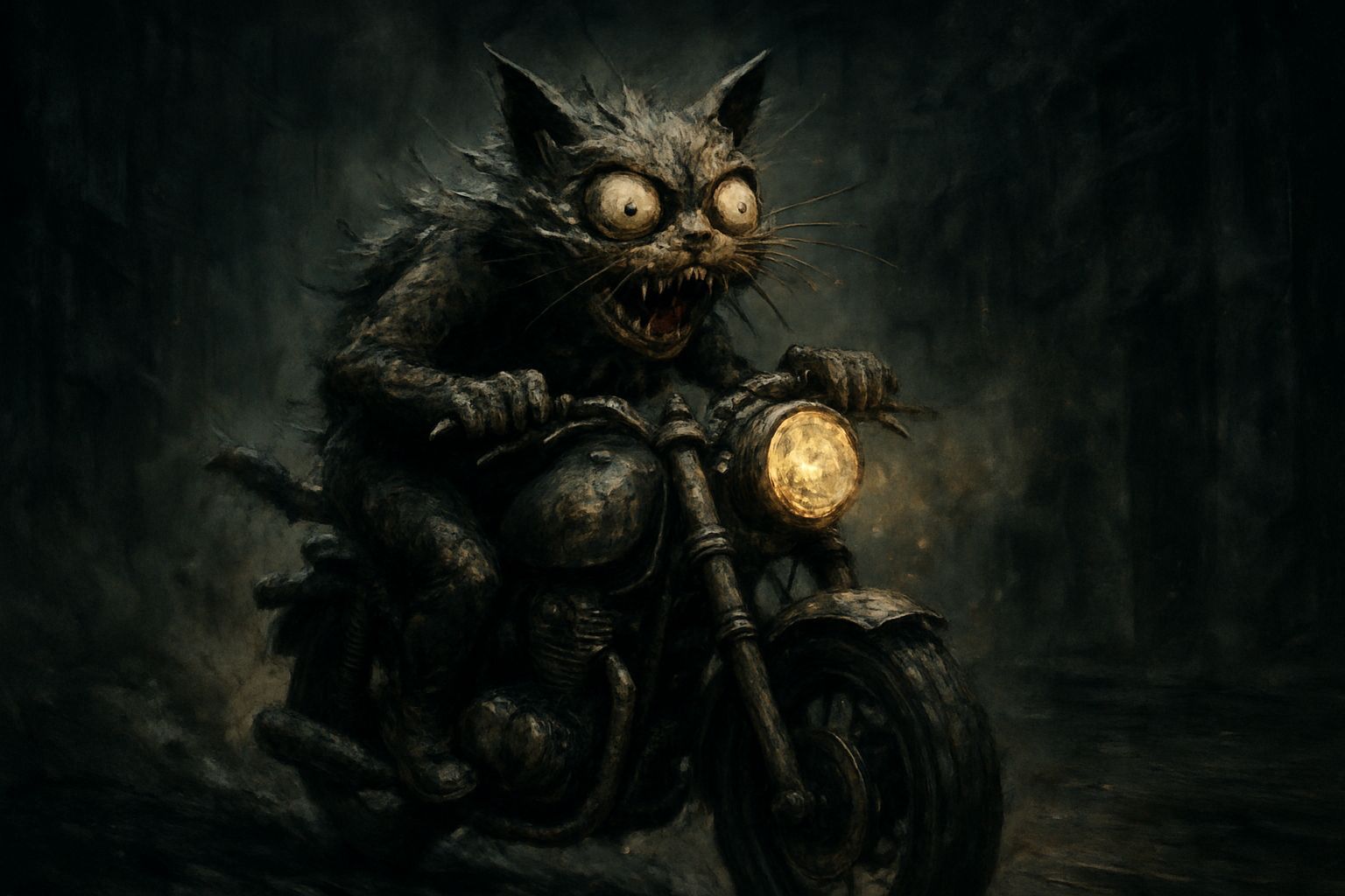 Crazed Cat on Motorcycle in Dark, Cinematic 3D Art