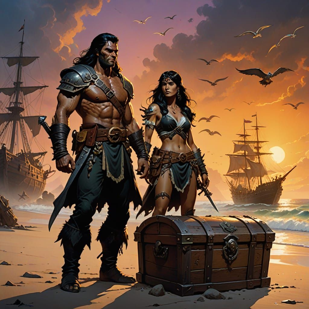 Epic Barbarian on Beach at Dawn with Pirate Ship