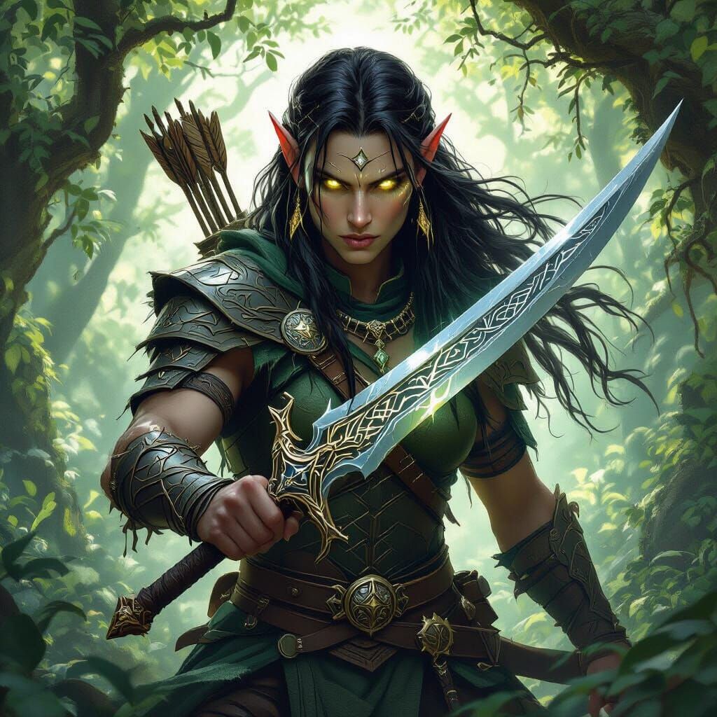 Elven Warrior in Mystical Forest with Runic Blade