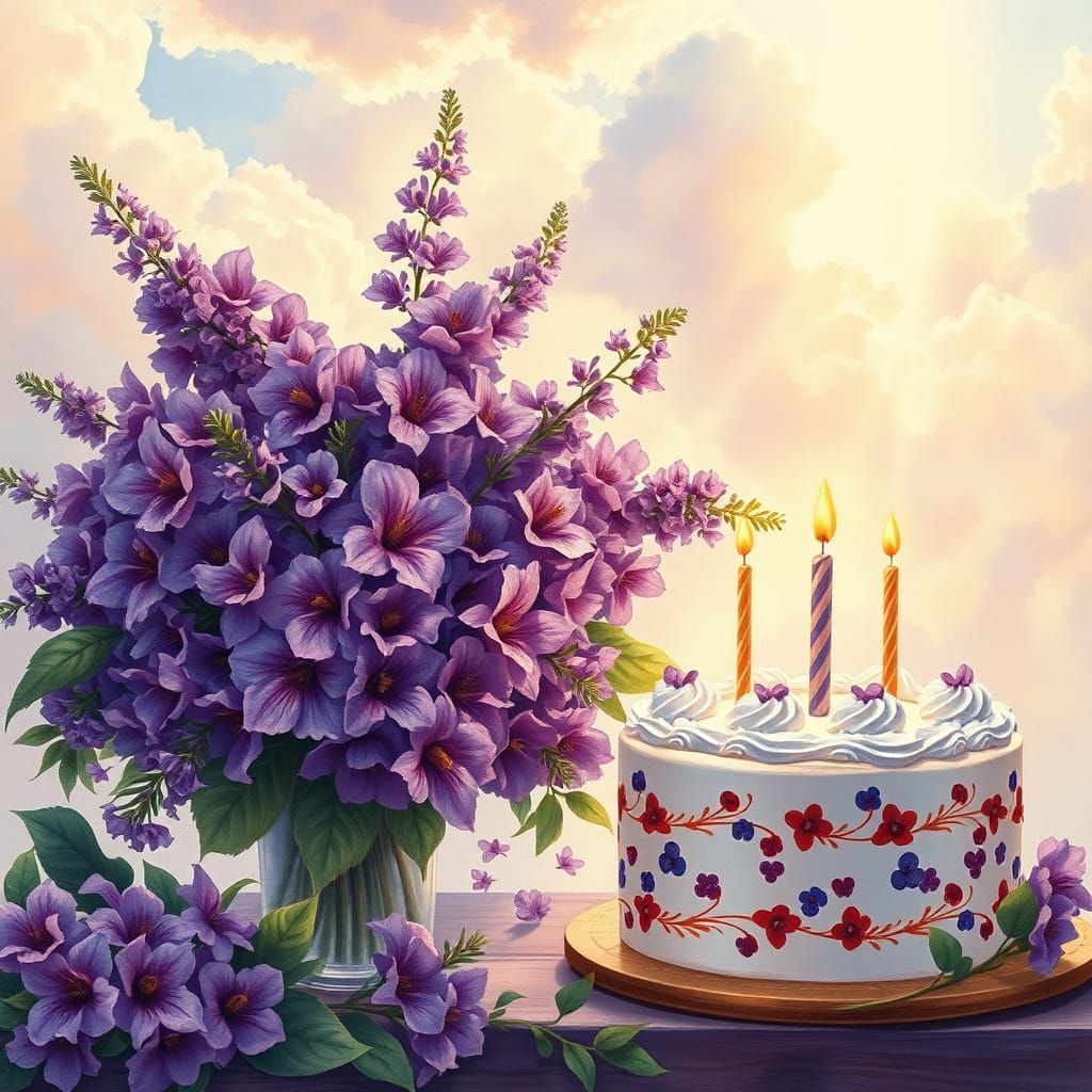 Violet Bouquet and Birthday Cake in Heavenly Light