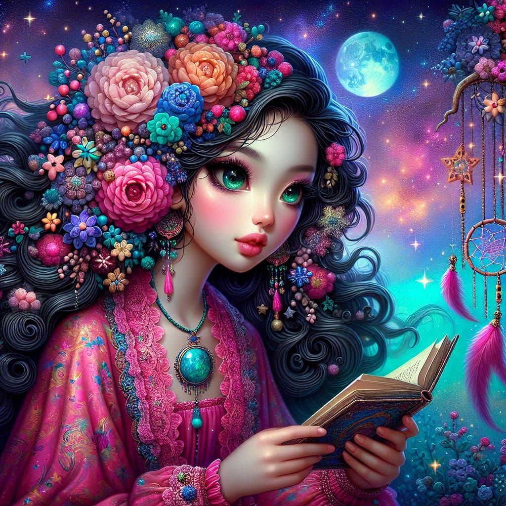 Dreamy Woman Reading Book in Fantasy Illustration