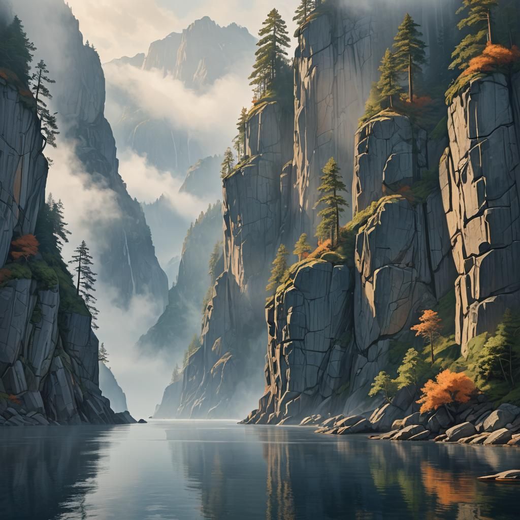 Misty Fjord Concept Art in Cézanne Style