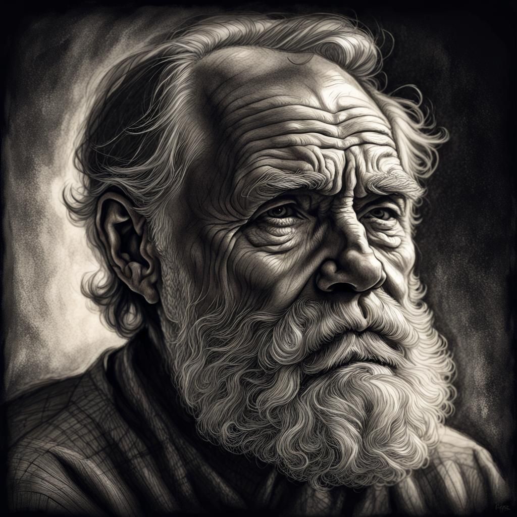 Contemplative Old Man: Hyperrealistic Charcoal Portrait