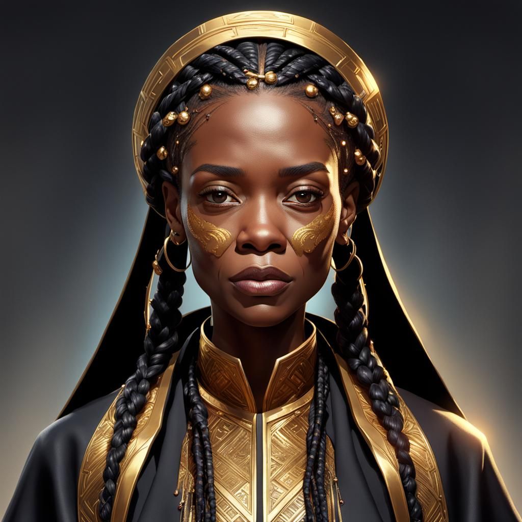 Black Woman in Gold Suit: Detailed Concept Art Portrait