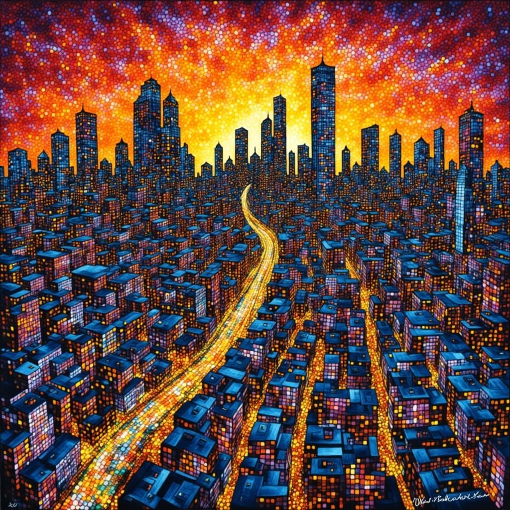Vibrant Cityscape in David Hockney & Aboriginal Dot Art Styl...