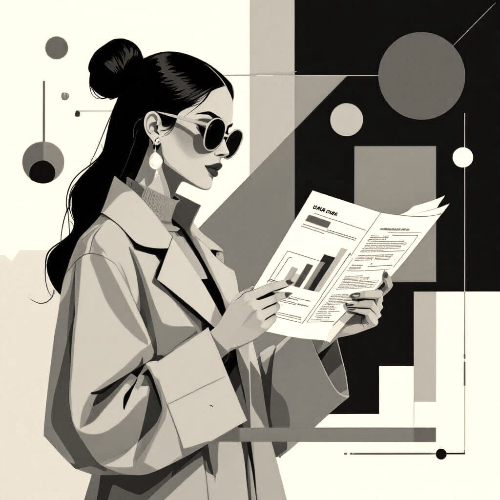 Pop Art Woman Reads Data Sheet in Bauhaus Style