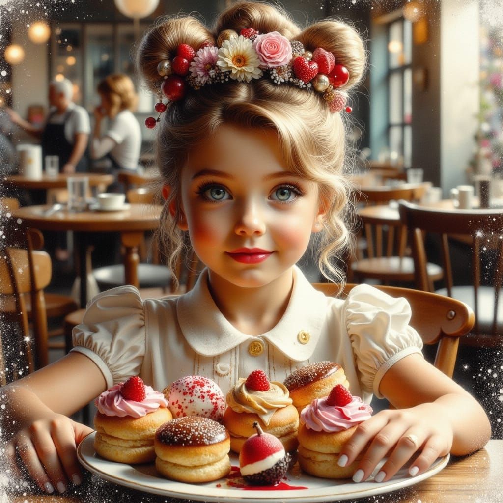 Adorable Daughter in Cafe with Pastries, Rococo Style