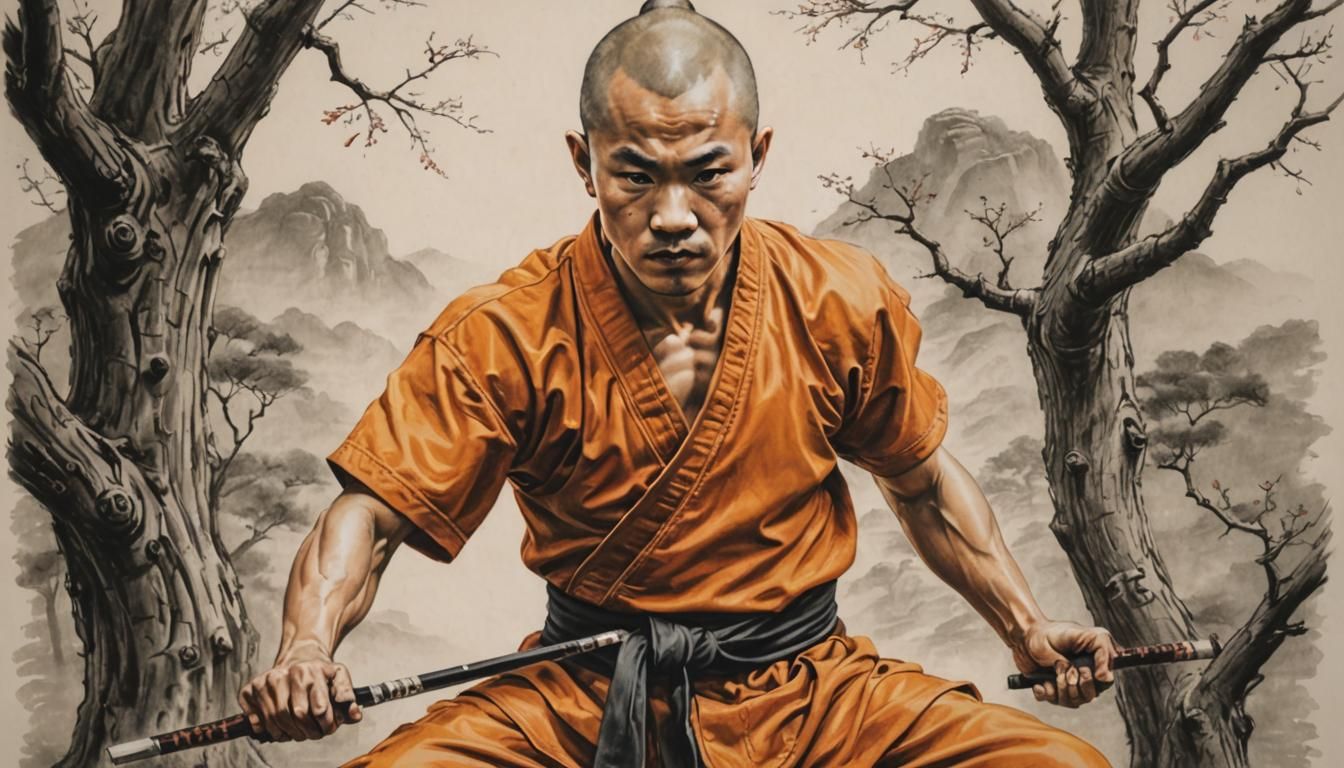 Shaolin Monk in Crayon Illustration