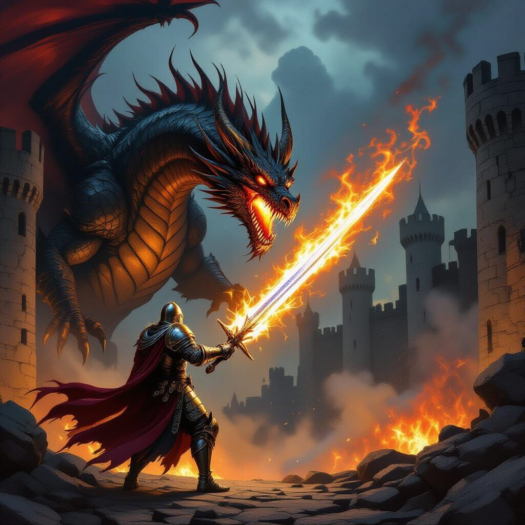 Knight Battles Fiery Dragon in Crumbling Castle