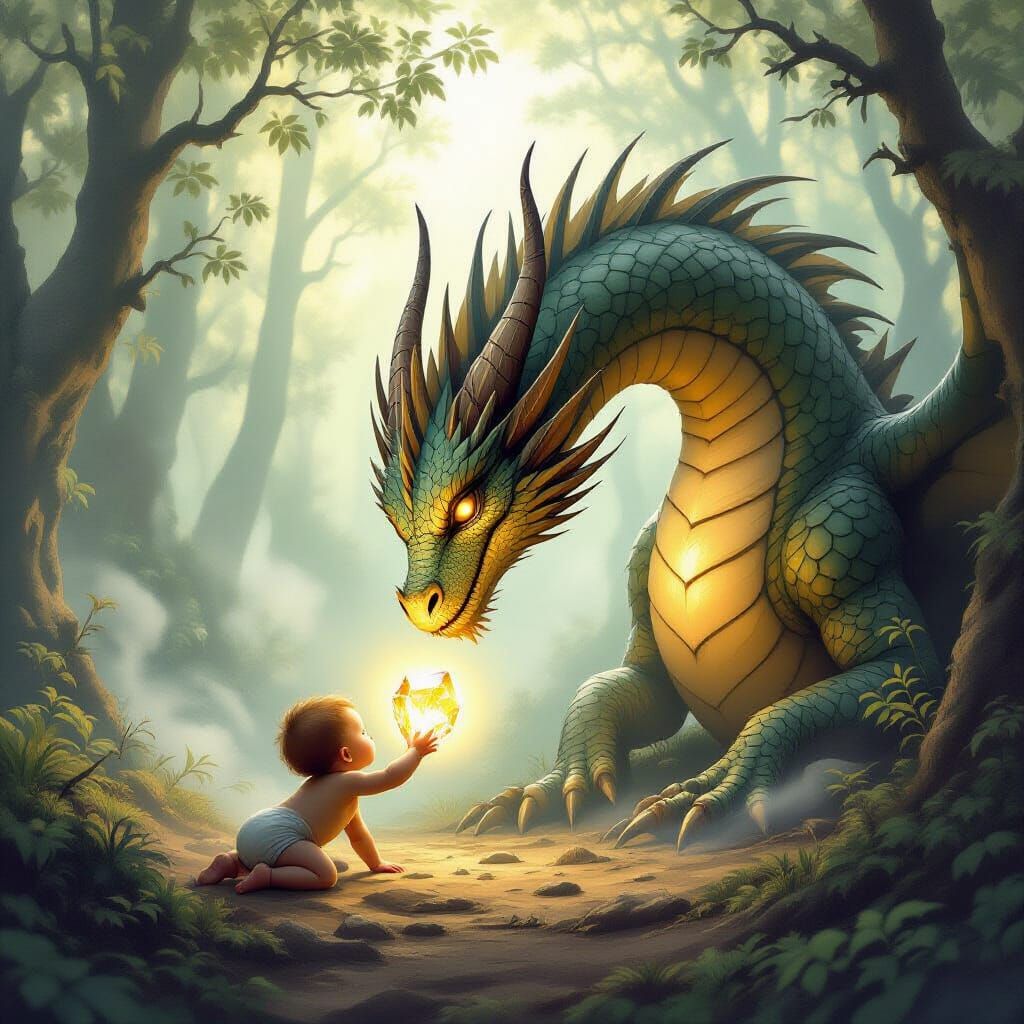 Baby Befriends Dragon Offering Crystal in Misty Forest