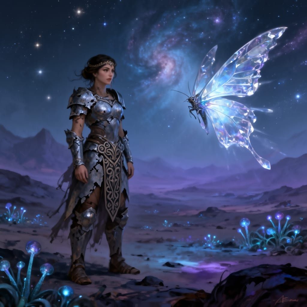Warrior Woman on Alien Planet with Crystal Butterfly
