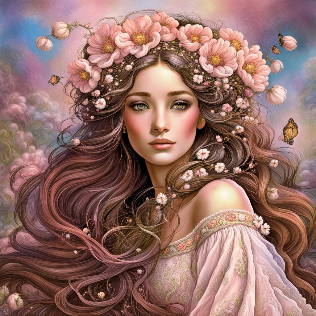 Ethereal Fae Woman with Flowers, Digital Art