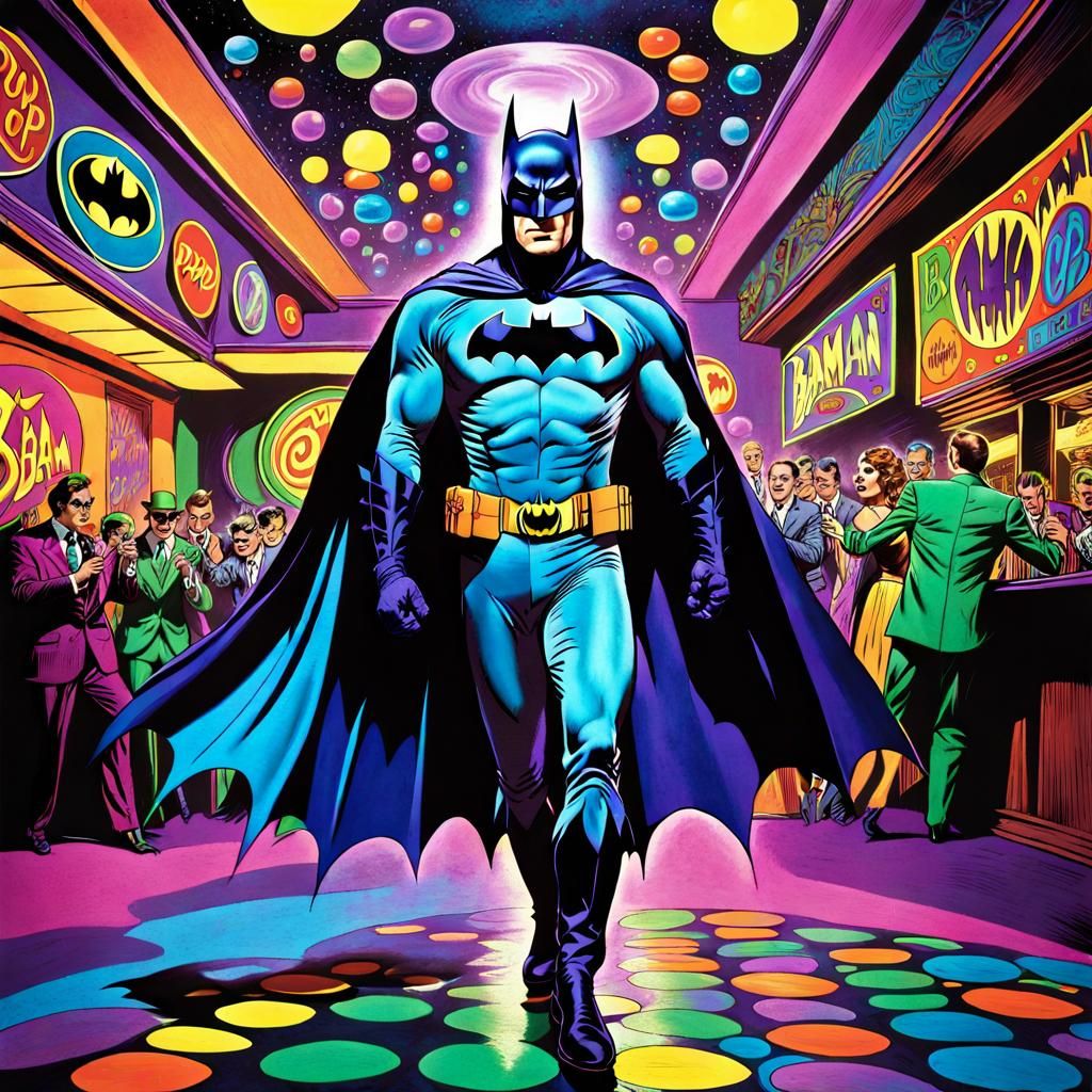 psychedelic 1966 Batman going insane on the dance floor and fighting villains joker, penguin and riddler, onomatopoeia w...