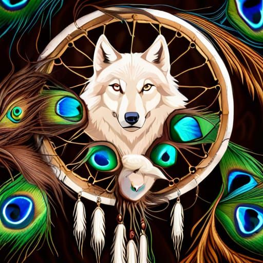 Dreamcatcher with White Wolf and Peacock Feathers