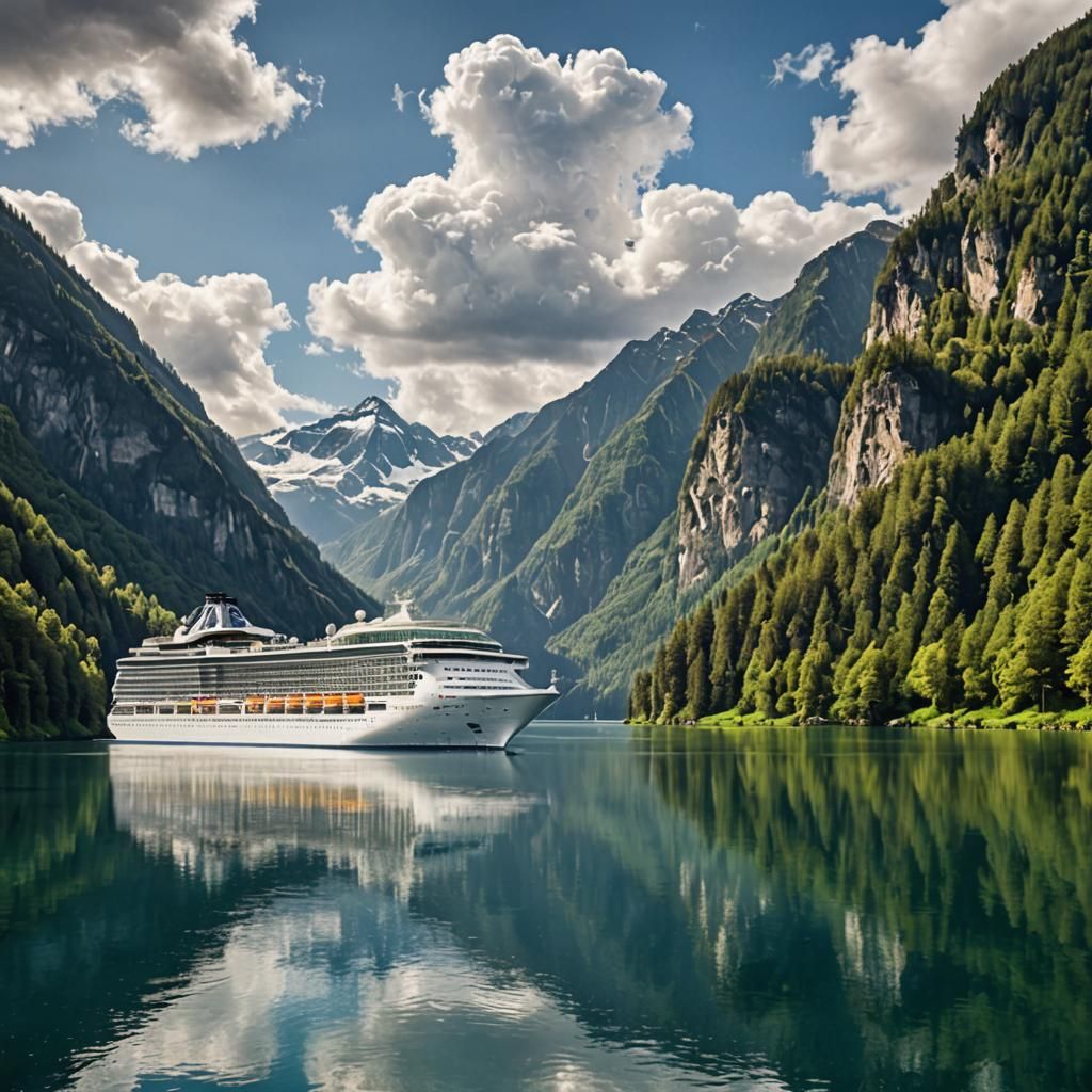 Cruise Ship on Serene Lake with Mountains