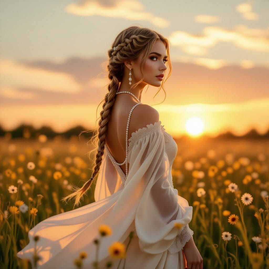 Eurasian Woman in Wildflower Field, Art Nouveau Style