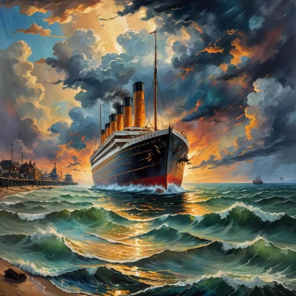 Titanic at Sunset: Neo-Impressionist Seascape Painting