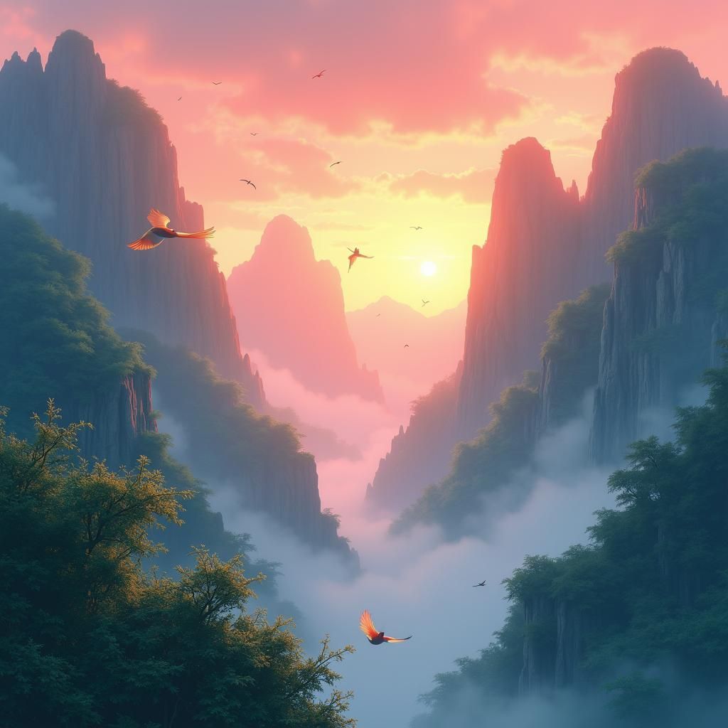 Ghibli Sunrise Over Misty Mountains