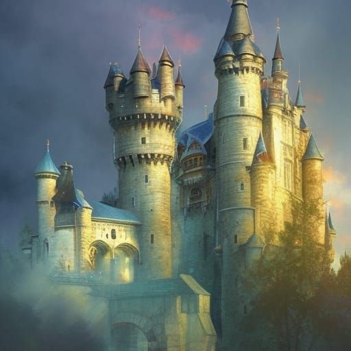 Medieval Castle Illustration in Forest, Detailed Sketch