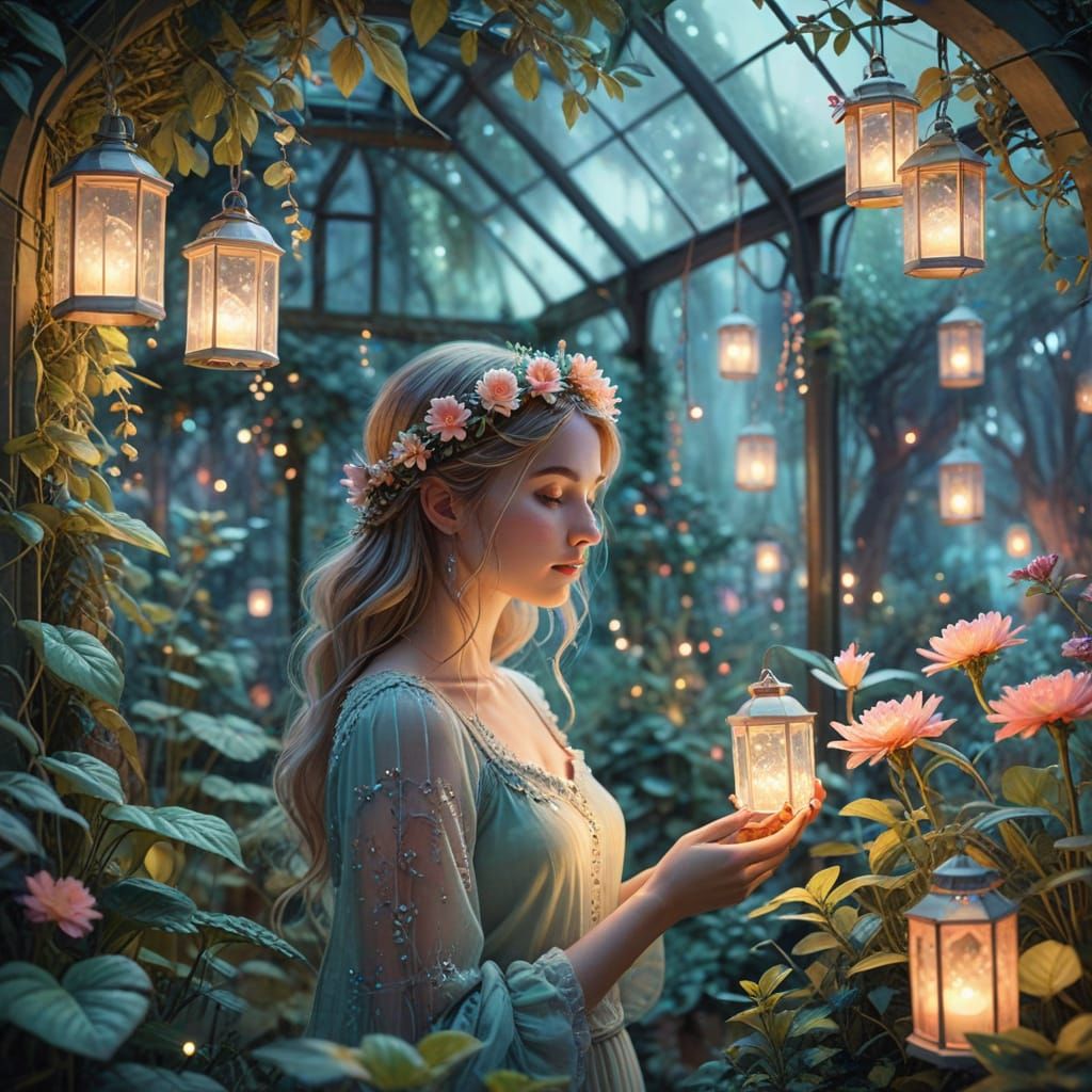 Girl in Magic Greenhouse: Whimsical Watercolor Fantasy Art
