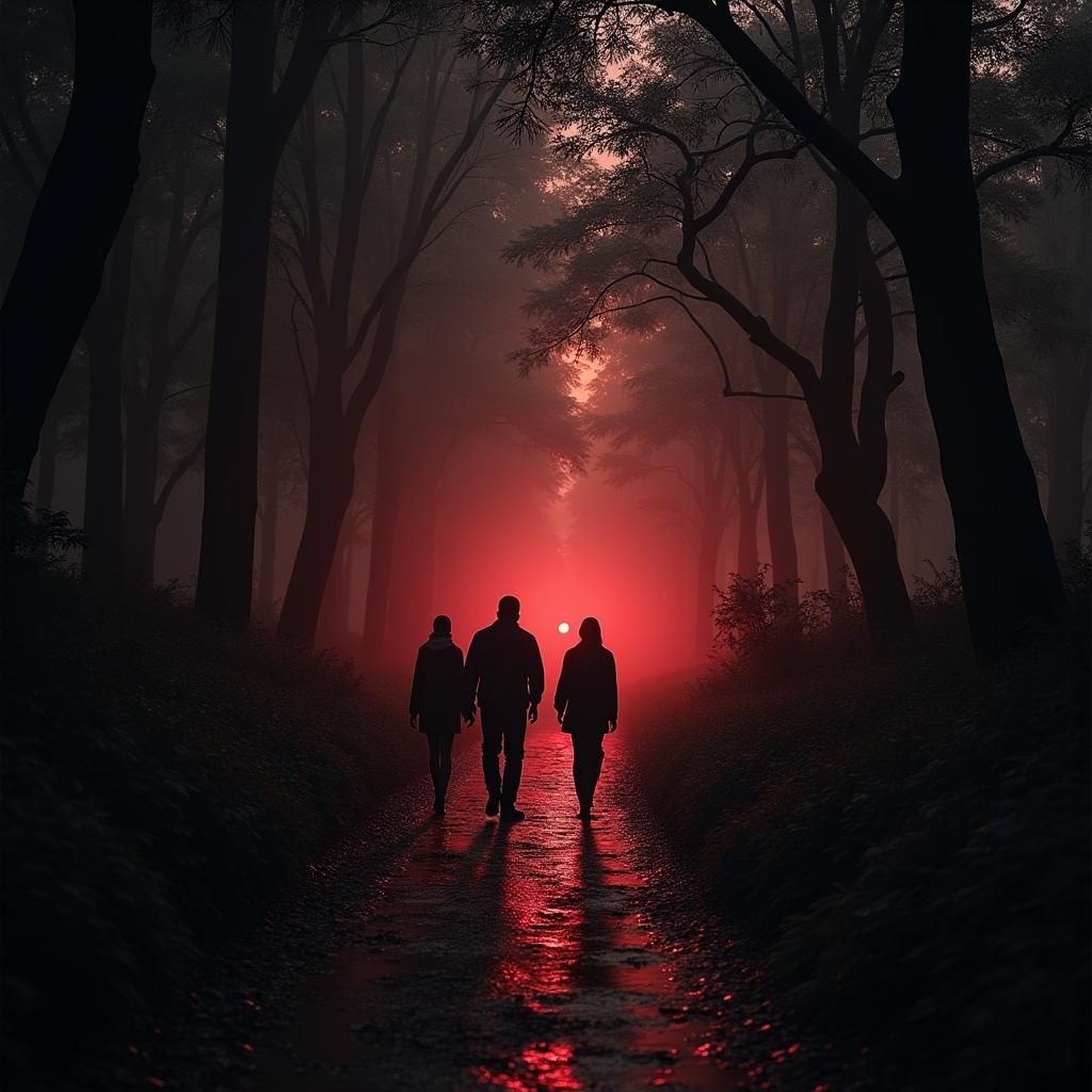 Eerie Forest Scene with Figures in Red
