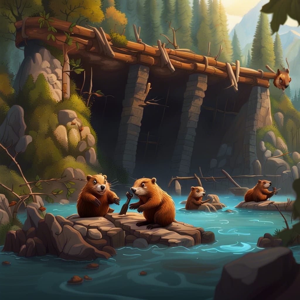 Beavers Building a Dam: Children's Book Illustration