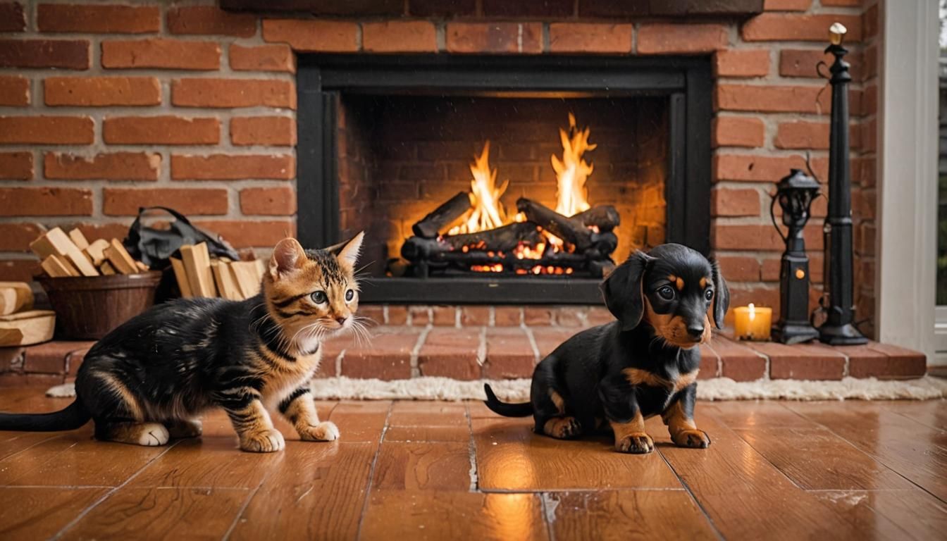 Puppy and Kitten Play During a Storm