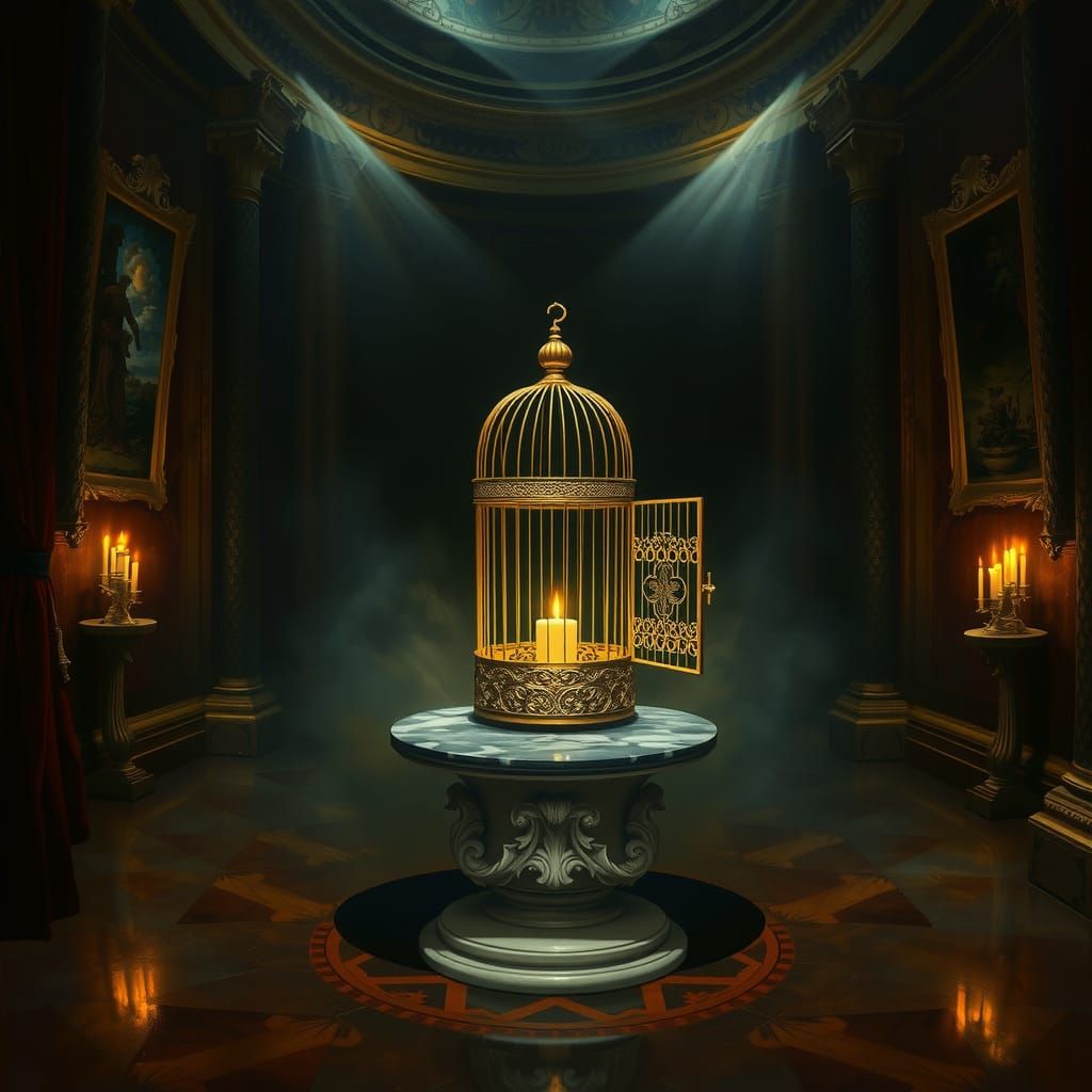 Gilded Birdcage in Candlelit Gothic Chamber