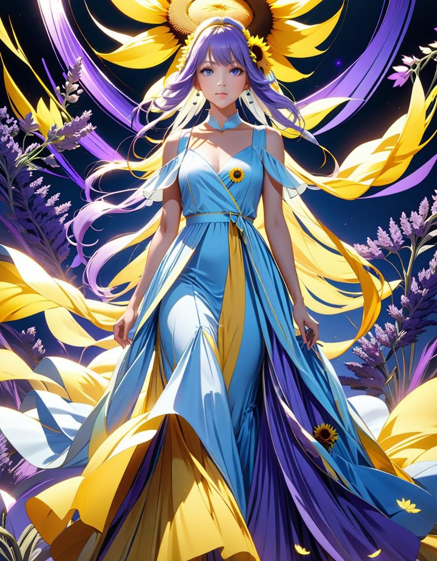 Anime-Style Dress in Sky Blue, Yellow, and Lavender