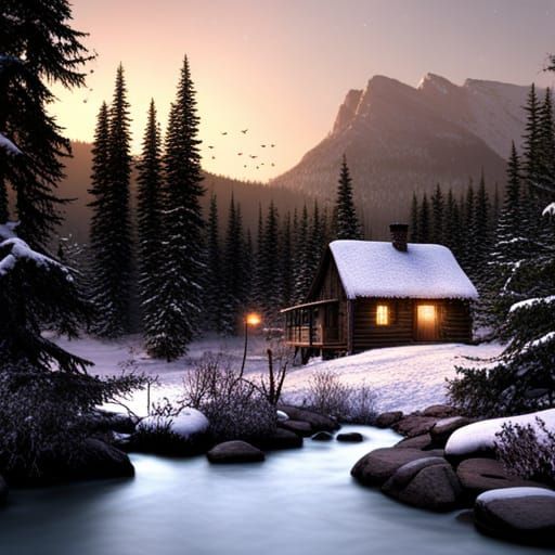 Winter Cabin Under Shooting Stars in Bob Ross Style