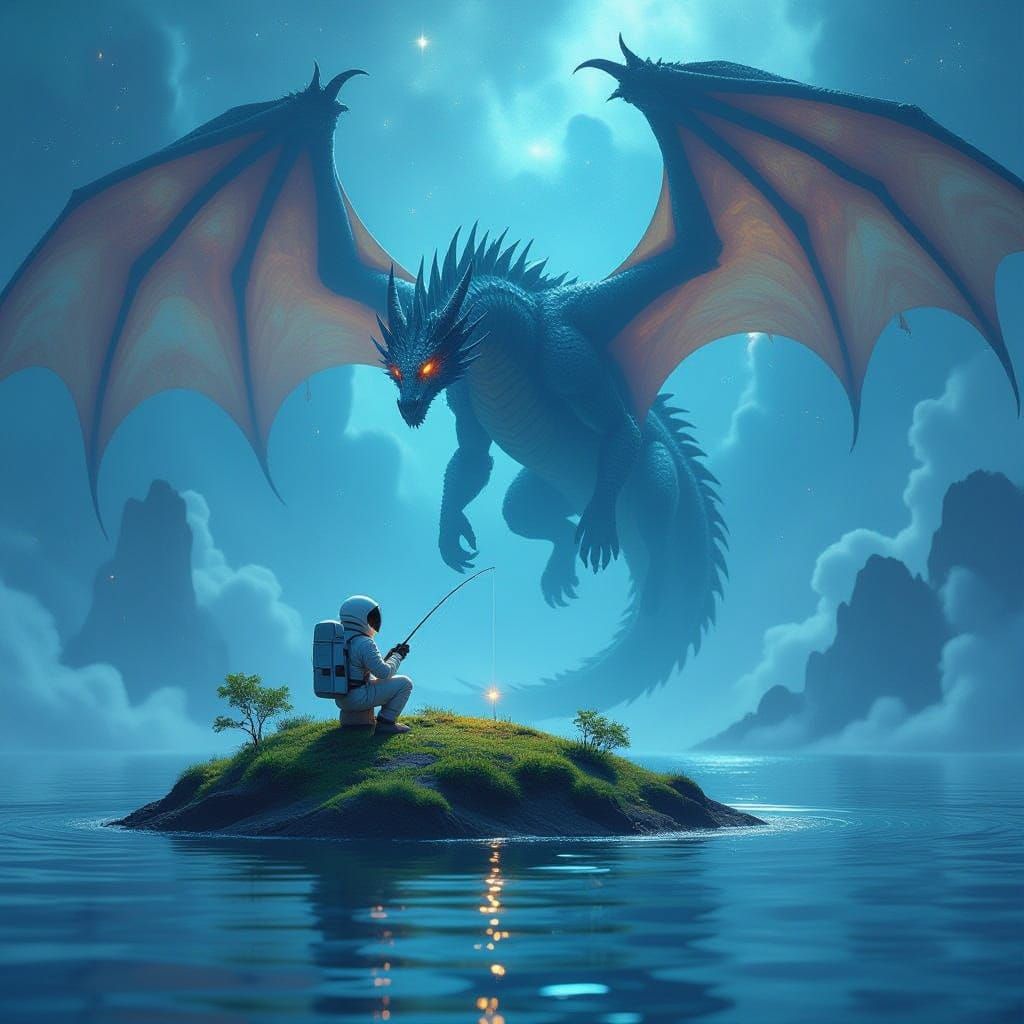 Astronaut Fishes on Island in Nebula Near Cosmic Dragon